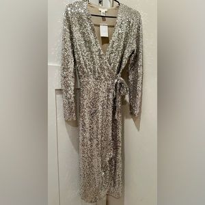 Long sleeve silver sequin over nude under layer dress